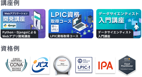 IT講座例と資格取得例（LPIC・CCNA・AWSなど）を示す一覧イメージ