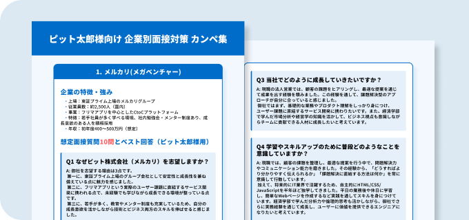 面接用Q&A作成サポートを示す、質問リストと回答例が書かれた資料のイラスト。